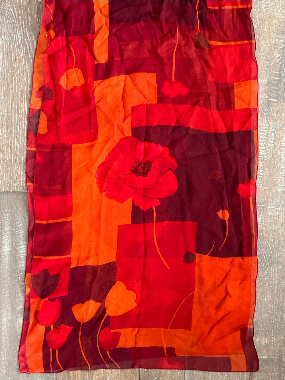 VINTAGE BRIGHT ORANGE RED SILK CHIFFON SCARF 17x60
